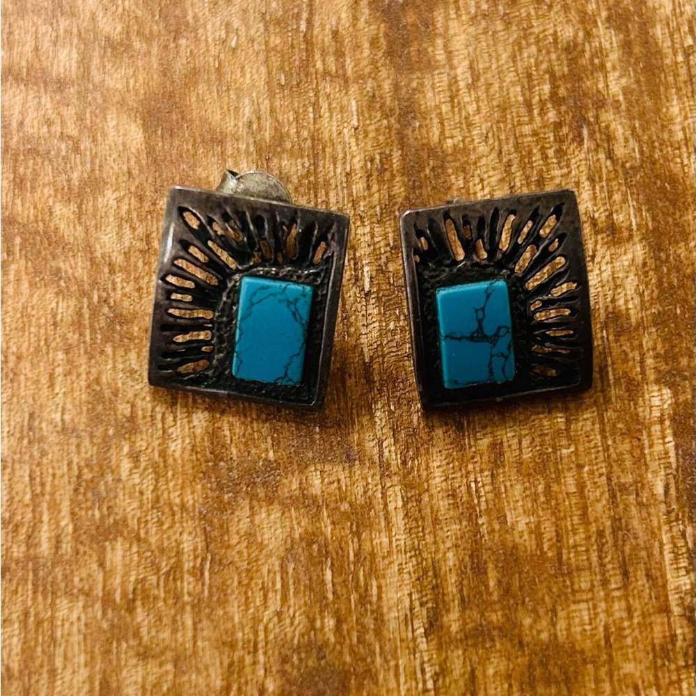 Turquoise and Silver Square Earrings